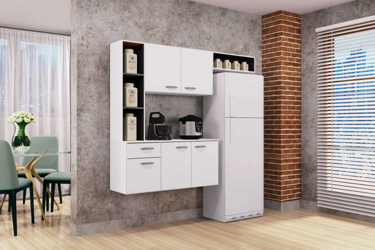 A521.Cozinha Suspensa com Balcão Isis 163 Branco Detalhe Preto Poquema
